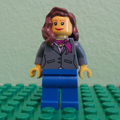 LEGO Minifigure-Dark Bluish Gray Jacket with Magenta Scarf, Blue Legs, Reddish Brown Female Hair over Shoulder-Town / City-CTY185-Creative Brick Builders